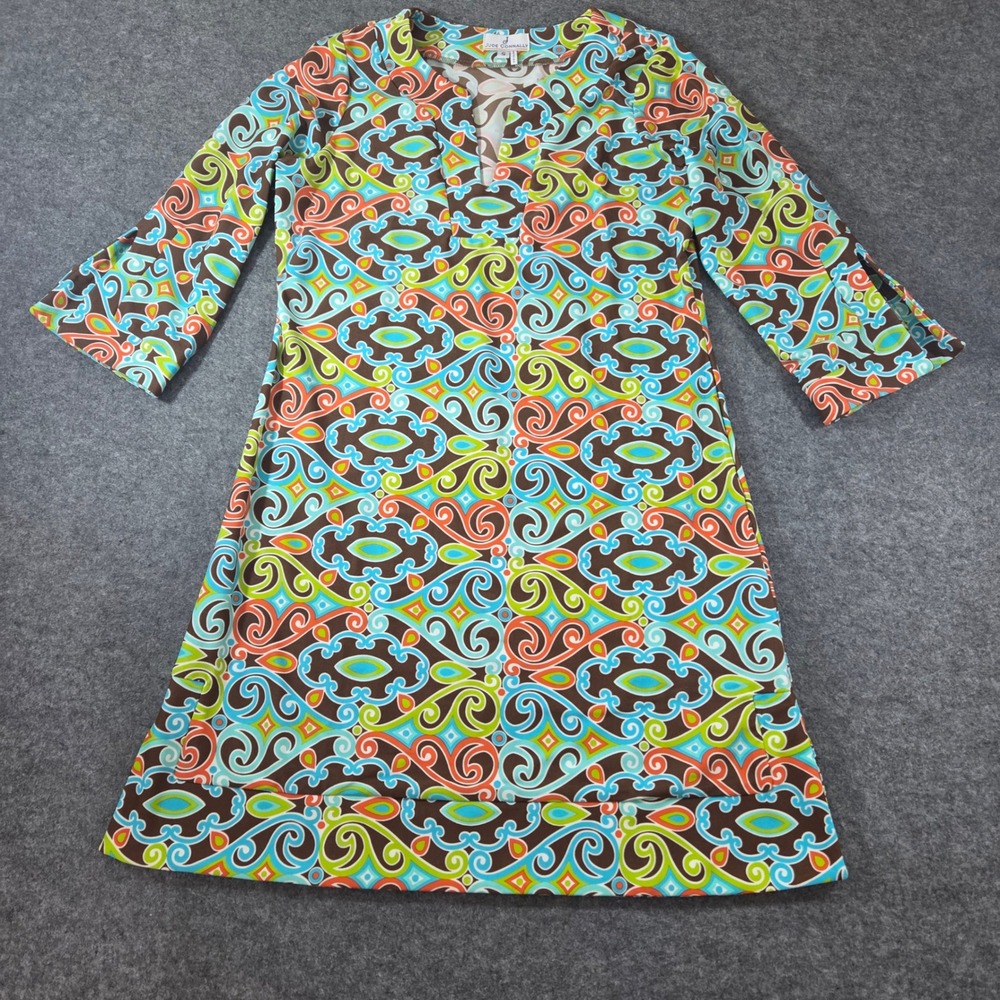 Jude Connally Dress Small Brown Turquoise Retro Geometric Bell Sleeve Shift